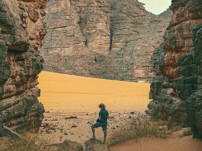A traveler in a sandstone canyon of the Tassili n'Ajjer